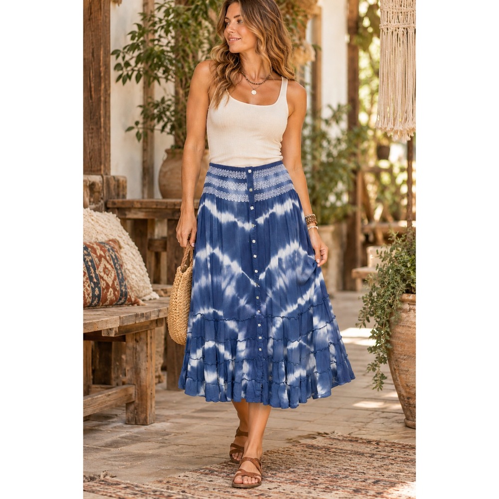 John Mark Tie Dye Smocked Waist Button Front Tiered Ruffle Maxi Skirt Large Blue